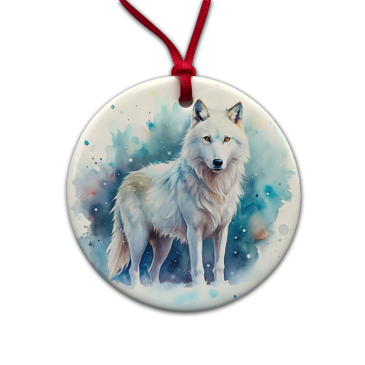 White Wolf Watercolor Round Ceramic Holiday Christmas Tree Ornament