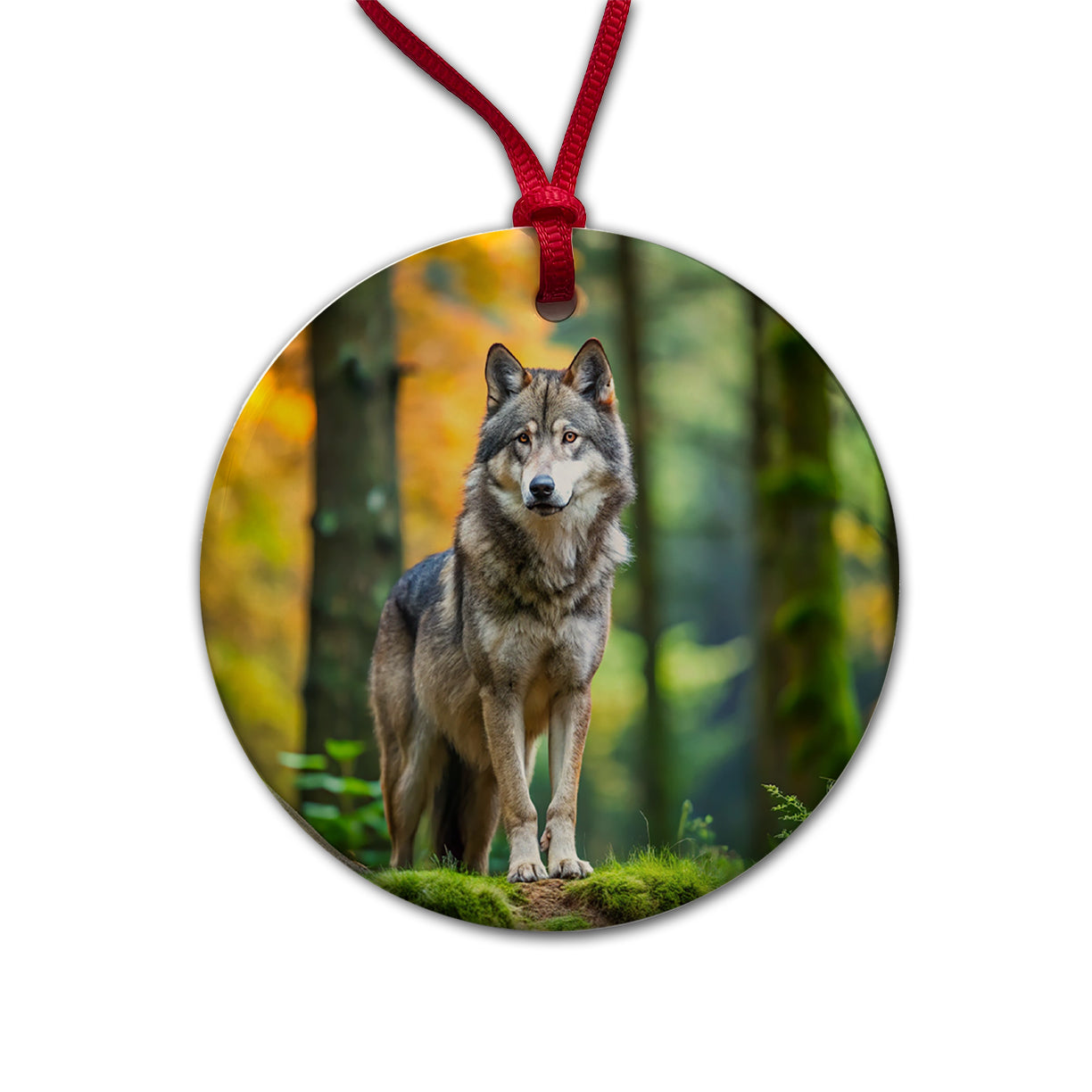 Wolf In The Forest Round Ceramic Holiday Christmas Tree Ornament