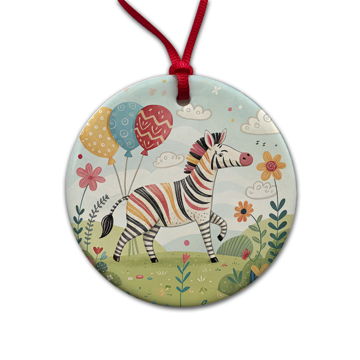 Zebra Children's Illustration Style Round Ceramic Holiday Christmas Tree Ornament