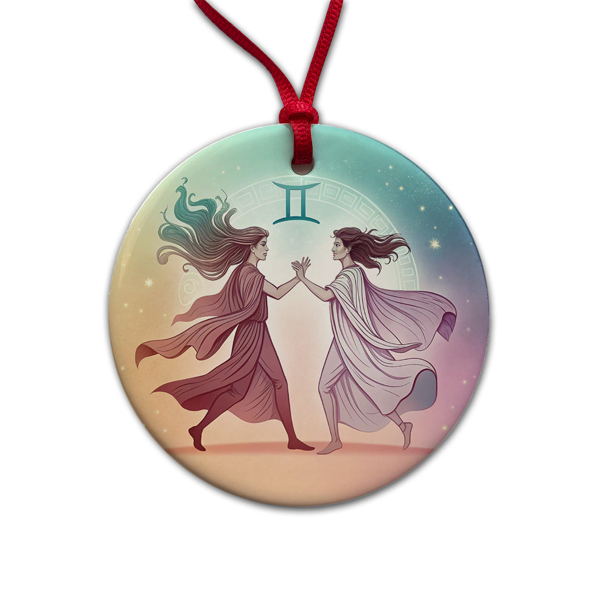 Zodiac Horoscope Symbol Gemini Twins Round Ceramic Holiday Christmas Tree Ornament