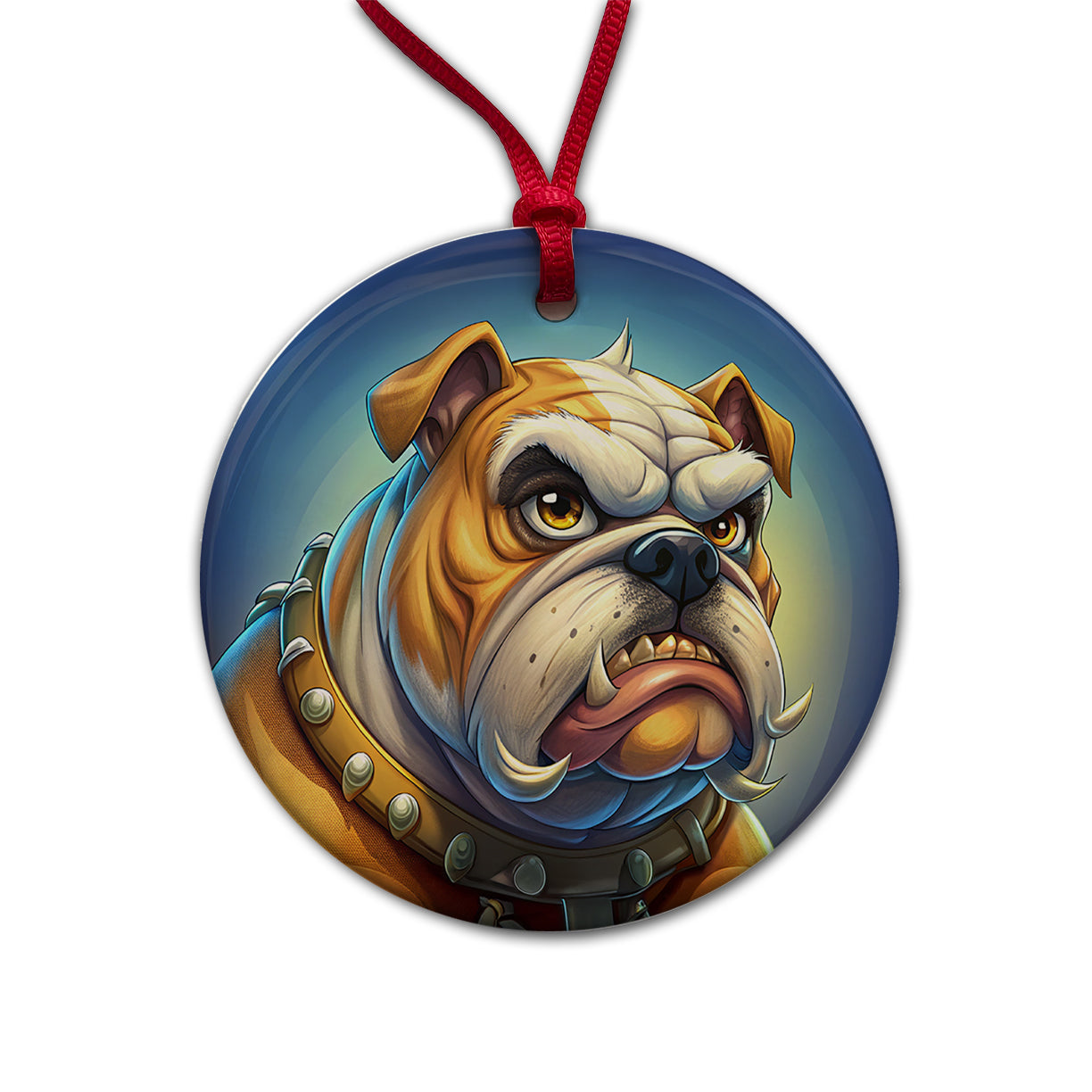 Angry Mad Bulldog Face School Mascot Round Ceramic Holiday Christmas Tree Ornament