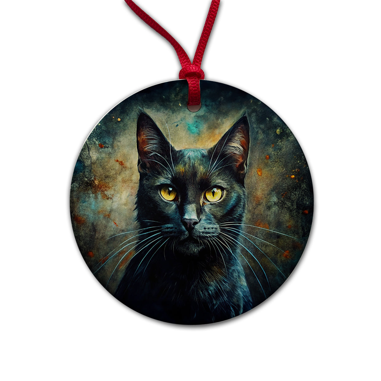 Black Cat Abstract Art Round Ceramic Holiday Christmas Tree Ornament