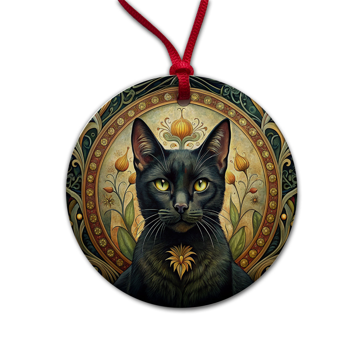 Black Cat Art Nouveau Round Ceramic Holiday Christmas Tree Ornament