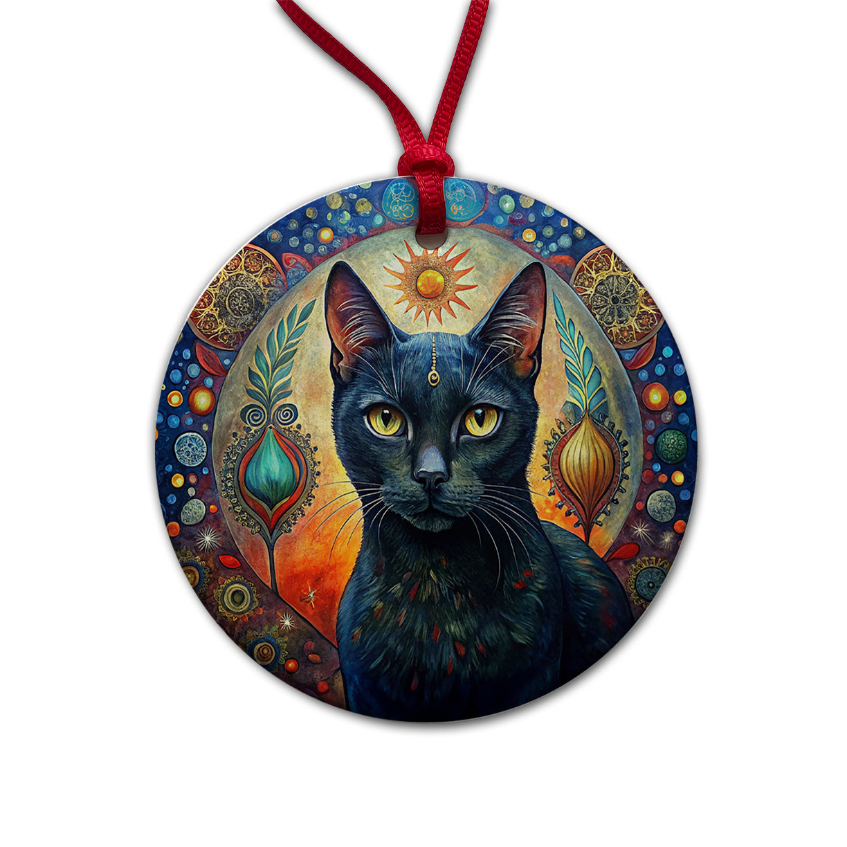 Black Cat Bohemian Art Round Ceramic Holiday Christmas Tree Ornament