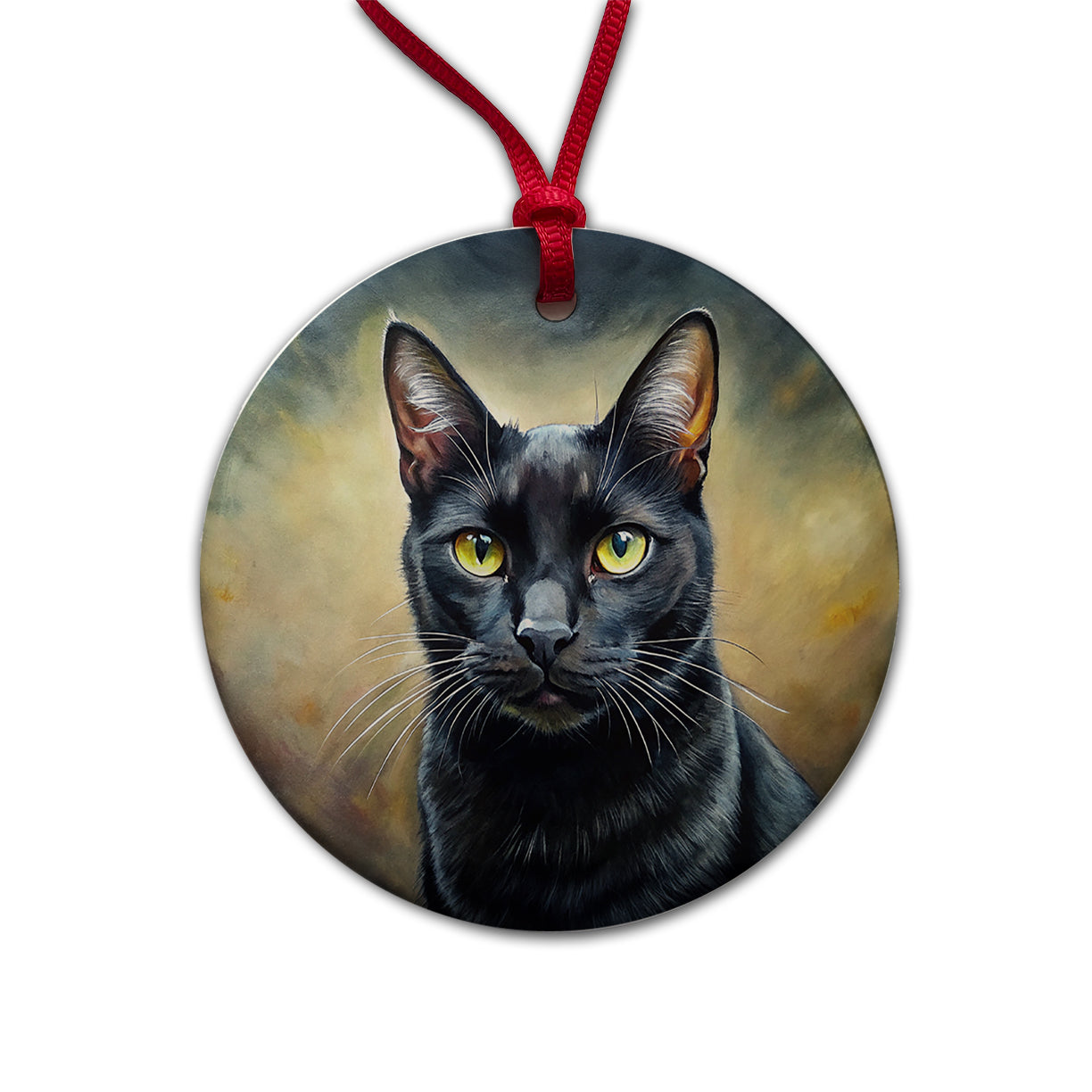 Black Cat Illustration Round Ceramic Holiday Christmas Tree Ornament