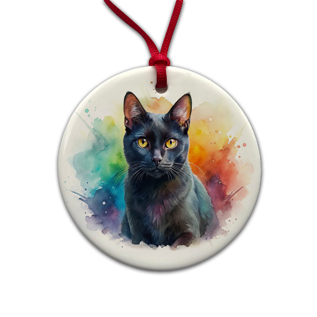 Black Cat Watercolor Style Round Ceramic Holiday Christmas Tree Ornament