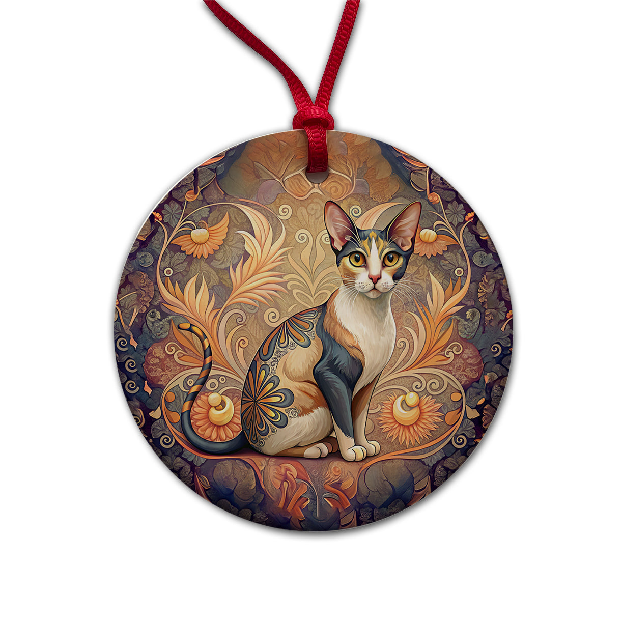 Calico Cat Art Nouveau Round Ceramic Holiday Christmas Tree Ornament