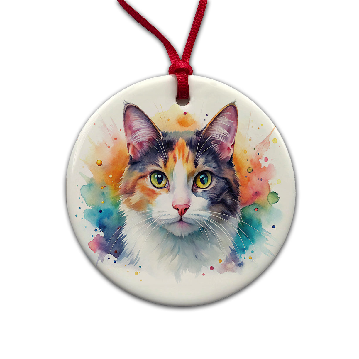 Calico Cat Watercolor Style Round Ceramic Holiday Christmas Tree Ornament