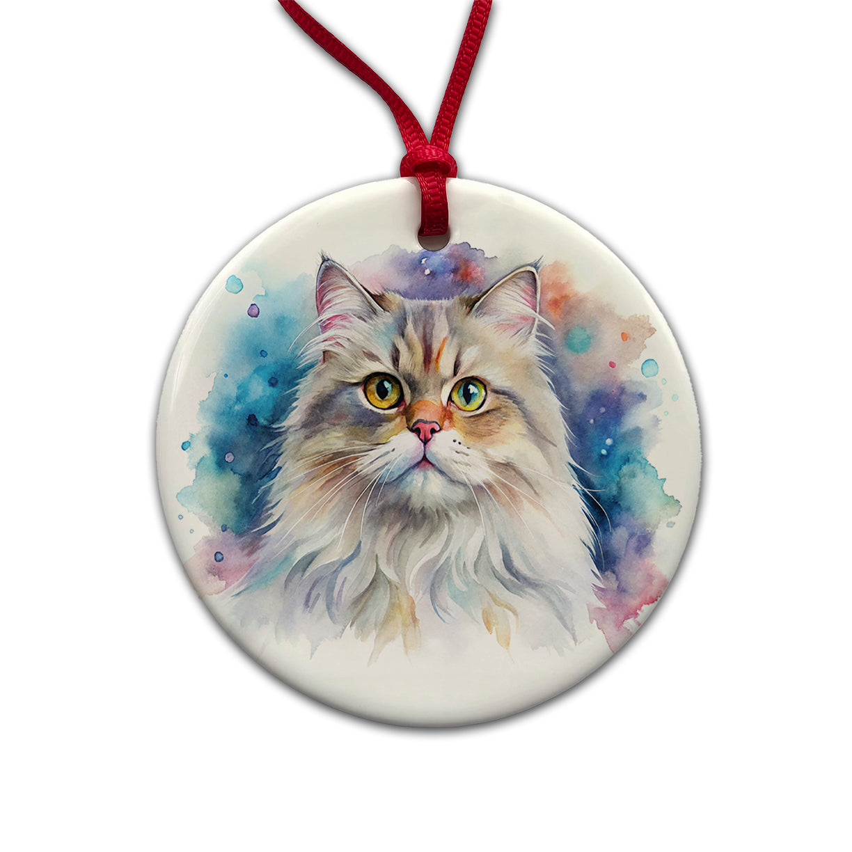 Persian Cat Watercolor Style Round Ceramic Holiday Christmas Tree Ornament