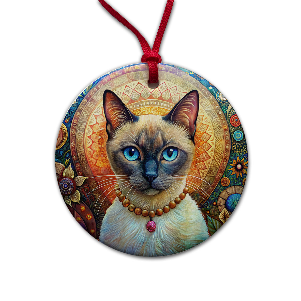 Siamese Cat French Bohemian Art Round Ceramic Holiday Christmas Tree Ornament