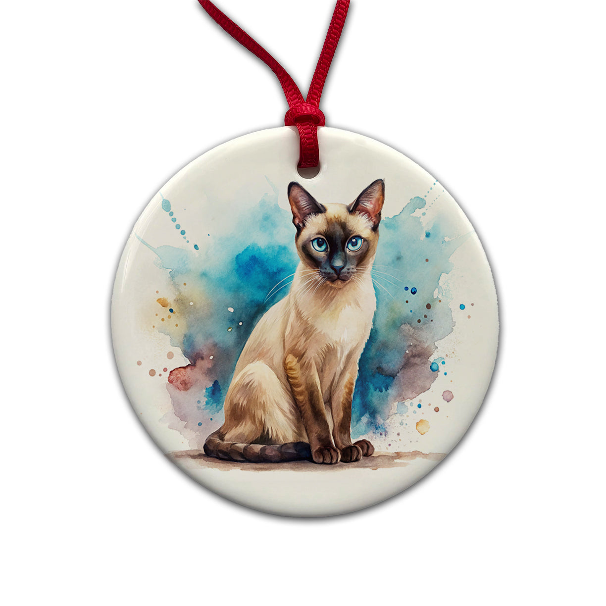 Siamese Cat Watercolor Style Round Ceramic Holiday Christmas Tree Ornament