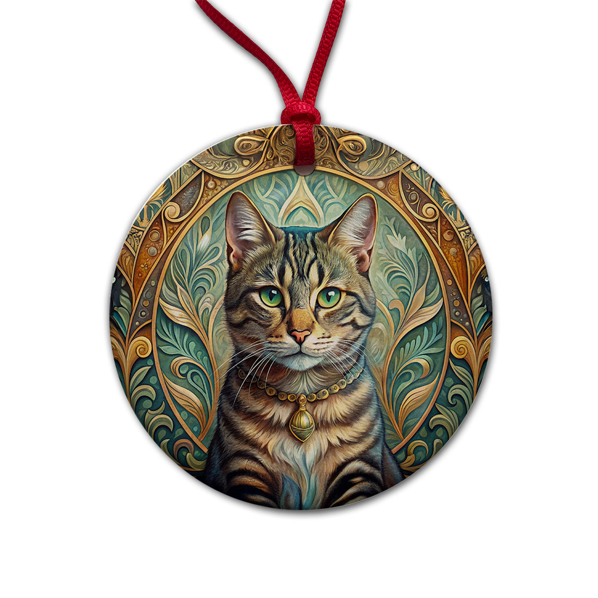 Tabby Cat Art Nouveau Round Ceramic Holiday Christmas Tree Ornament