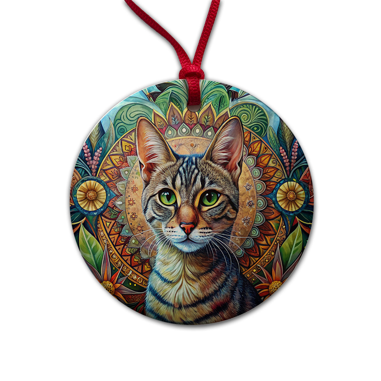 Tabby Cat Bohemian Art Round Ceramic Holiday Christmas Tree Ornament