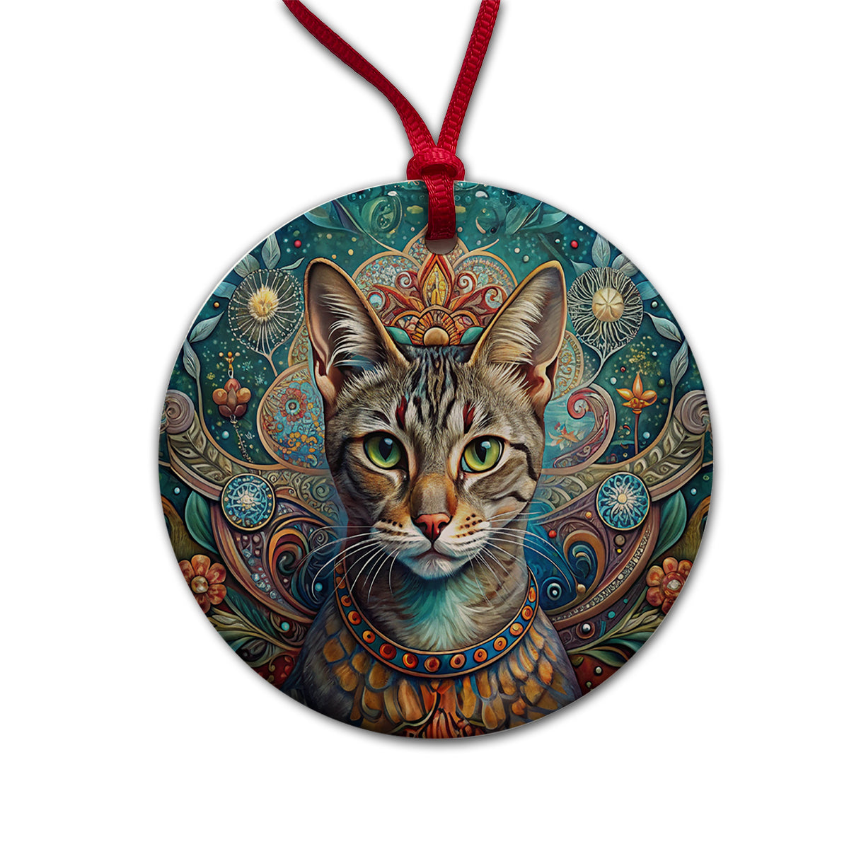 Tabby Cat French Bohemian Art Round Ceramic Holiday Christmas Tree Ornament