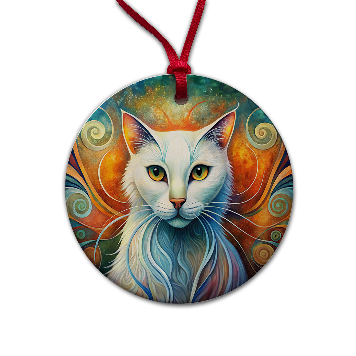 White Cat Abstract Stylized Art Round Ceramic Holiday Christmas Tree Ornament