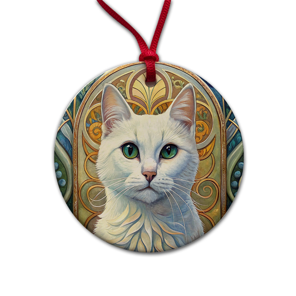 White Cat Art Nouveau Round Ceramic Holiday Christmas Tree Ornament