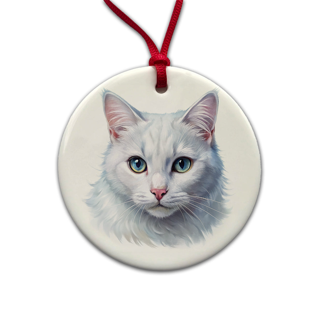 White Cat Illustration Round Ceramic Holiday Christmas Tree Ornament