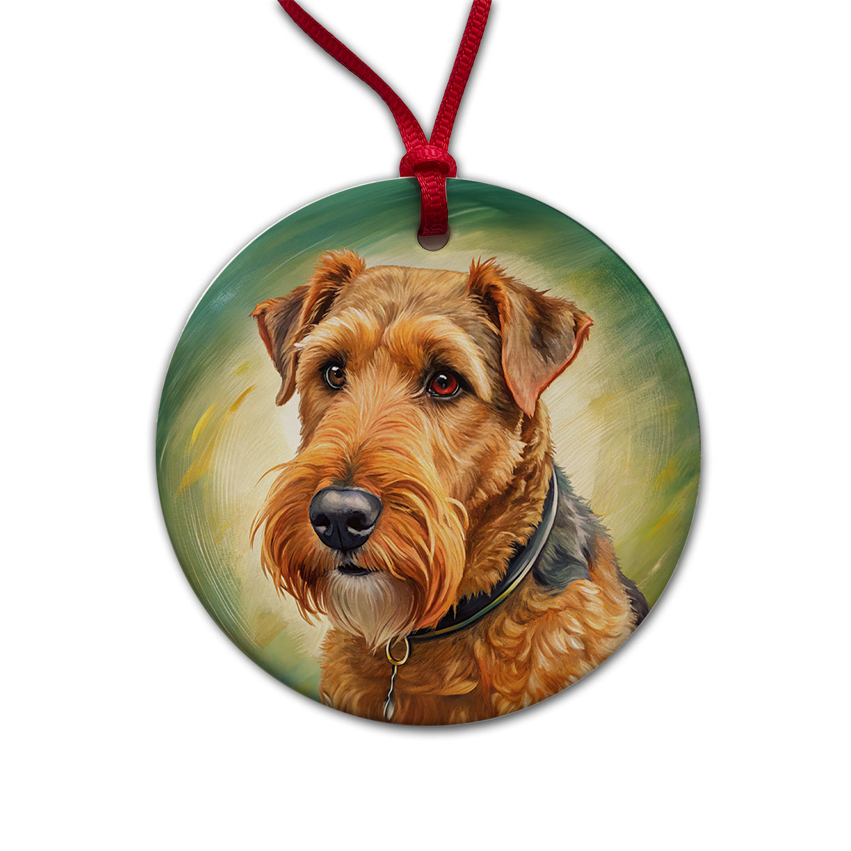 Airedale Terrier Dog Illustration Round Ceramic Holiday Christmas Tree Ornament