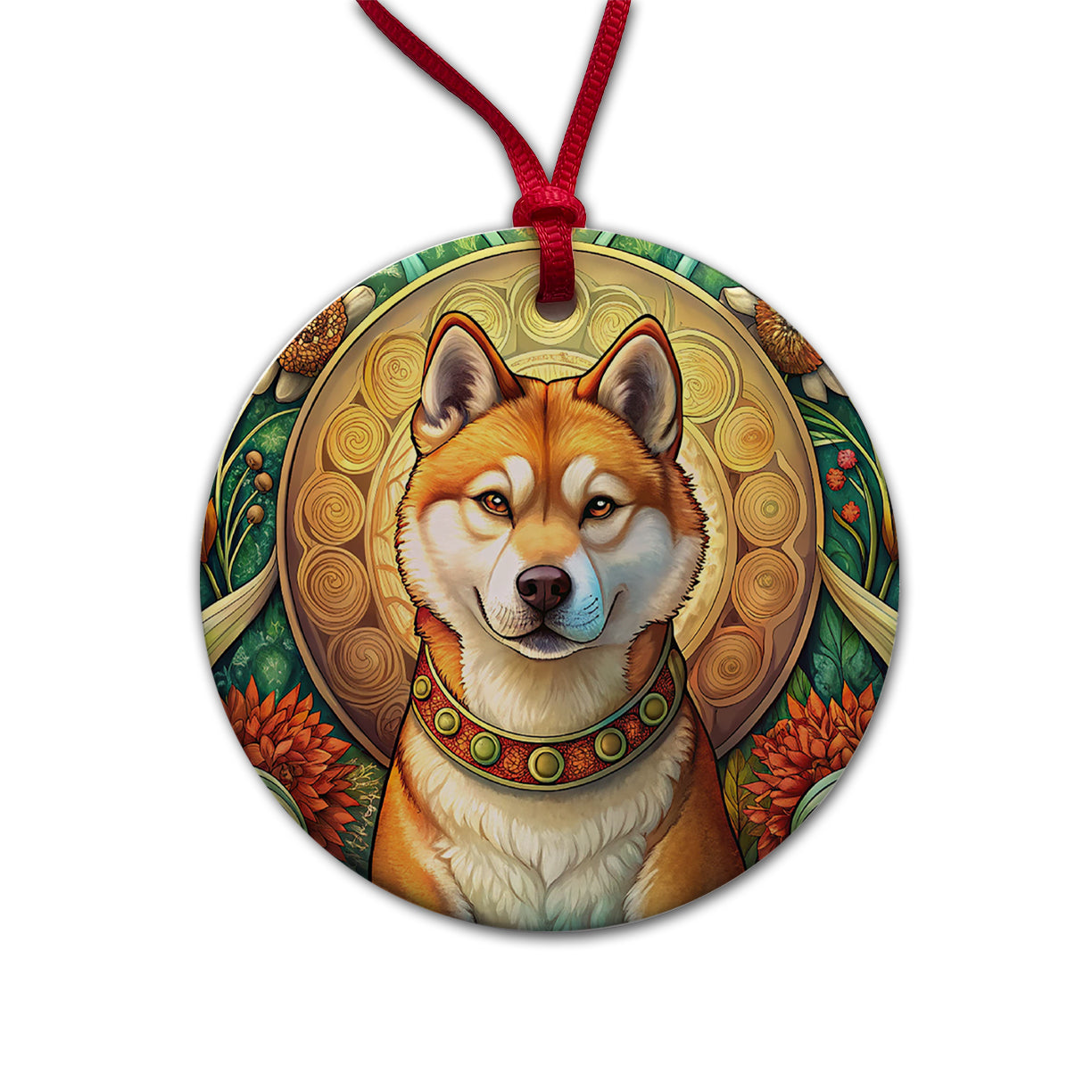 Akita Dog Art Nouveau Round Ceramic Holiday Christmas Tree Ornament