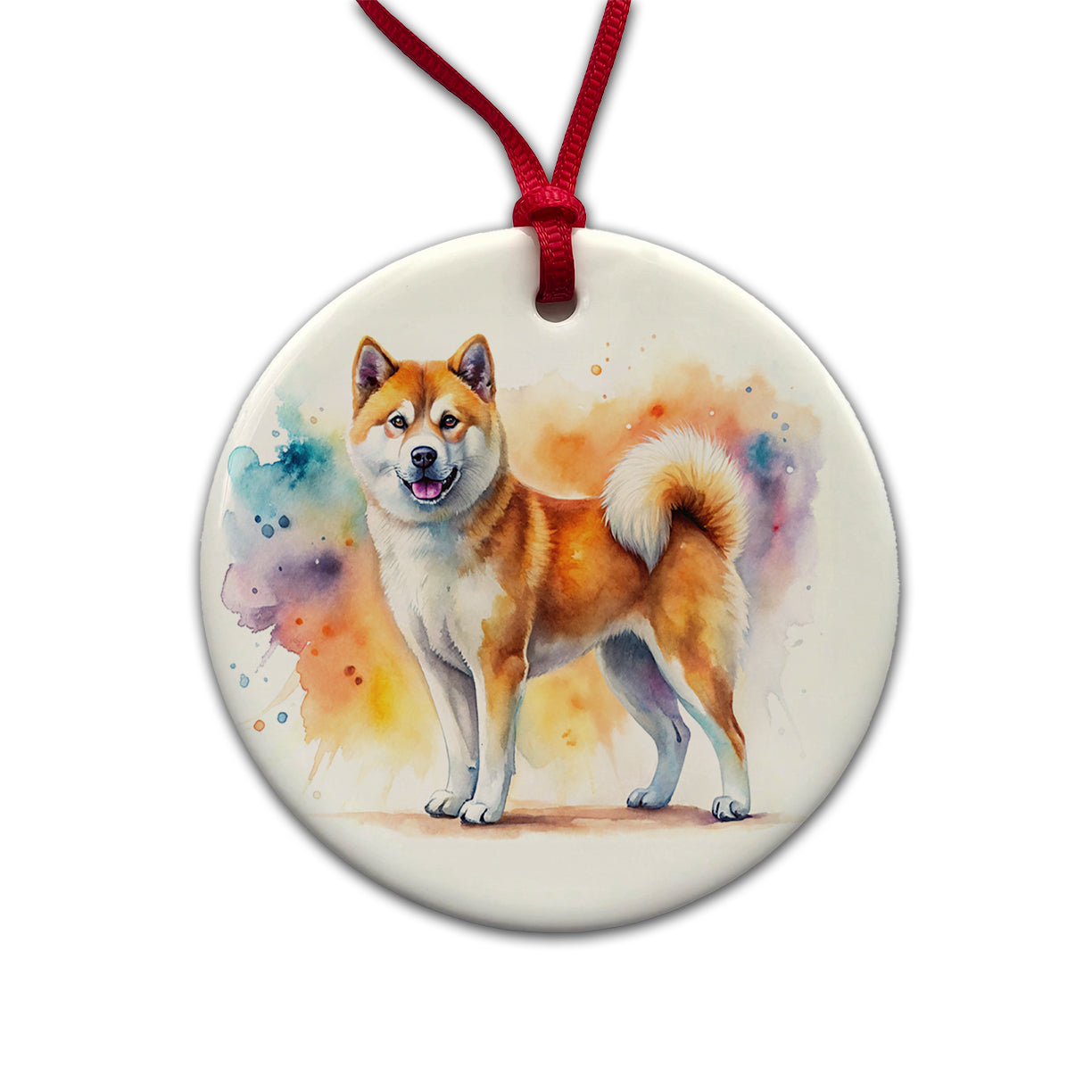Akita Dog Watercolor Style Round Ceramic Holiday Christmas Tree Ornament