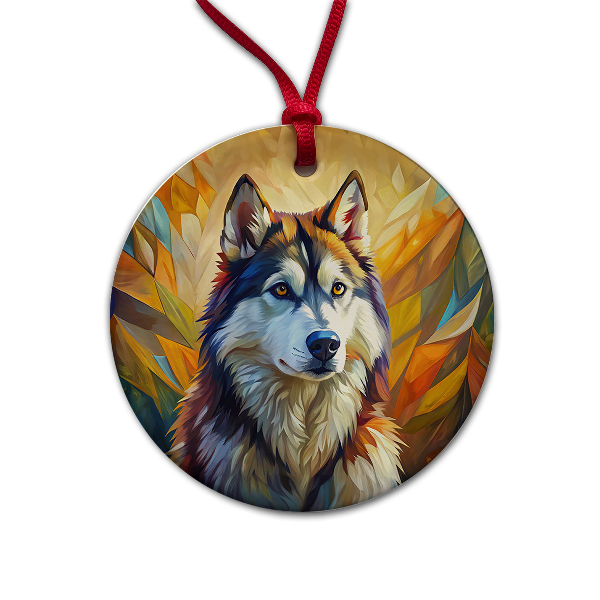 Alaskan Malamute Dog Expressionism Art Round Ceramic Holiday Christmas Tree Ornament