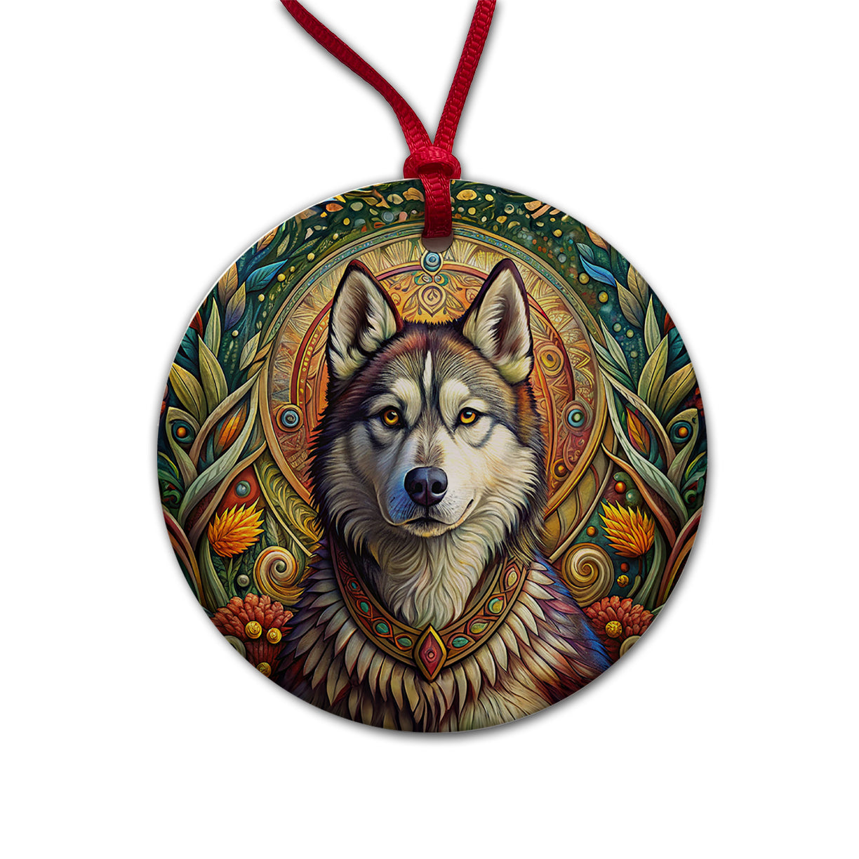 Alaskan Malamute Dog French Bohemian Art Round Ceramic Holiday Christmas Tree Ornament
