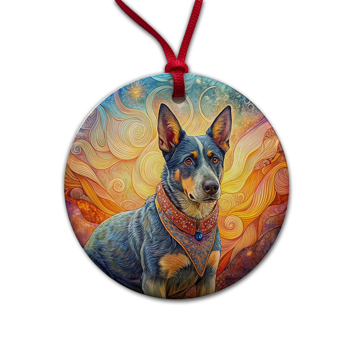 Australian Cattle Dog French Bohemian Art Round Ceramic Holiday Christmas Tree Ornament