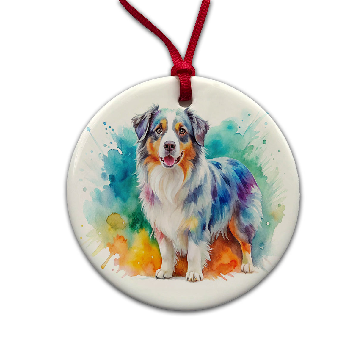 Australian Shepherd Dog Watercolor Style Round Ceramic Holiday Christmas Tree Ornament