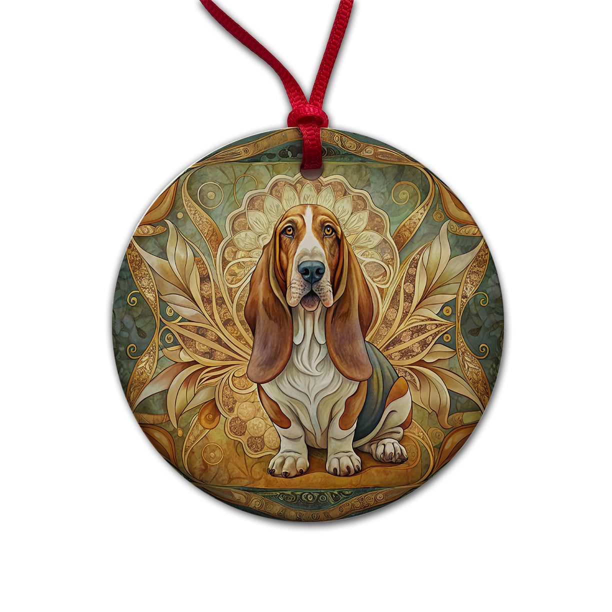 Basset Hound Dog Art Nouveau Round Ceramic Holiday Christmas Tree Ornament