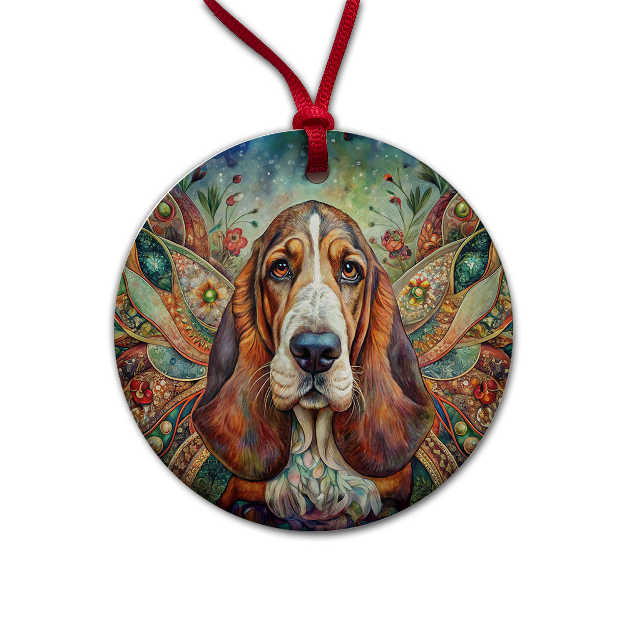 Basset Hound Dog Bohemian Art Round Ceramic Holiday Christmas Tree Ornament