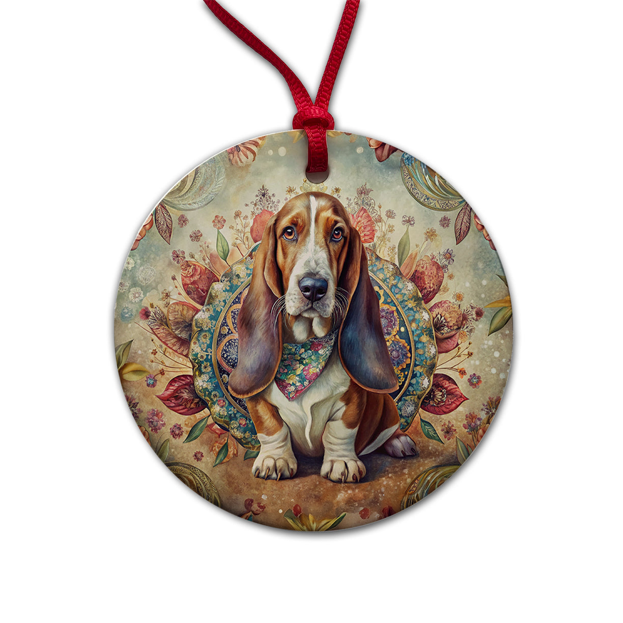 Basset Hound Dog French Bohemian Art Round Ceramic Holiday Christmas Tree Ornament