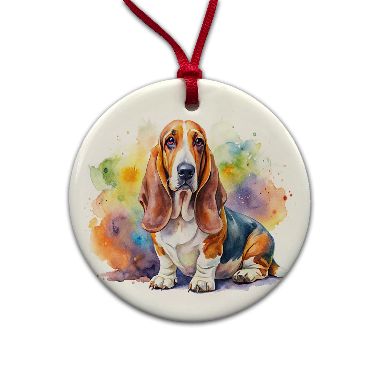 Basset Hound Dog Watercolor Style Round Ceramic Holiday Christmas Tree Ornament