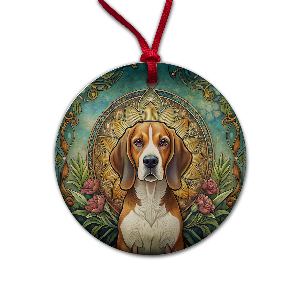 Beagle Dog Art Nouveau Round Ceramic Holiday Christmas Tree Ornament