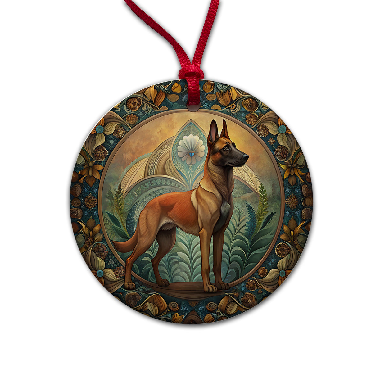 Belgian Malinois Dog Art Nouveau Round Ceramic Holiday Christmas Tree Ornament