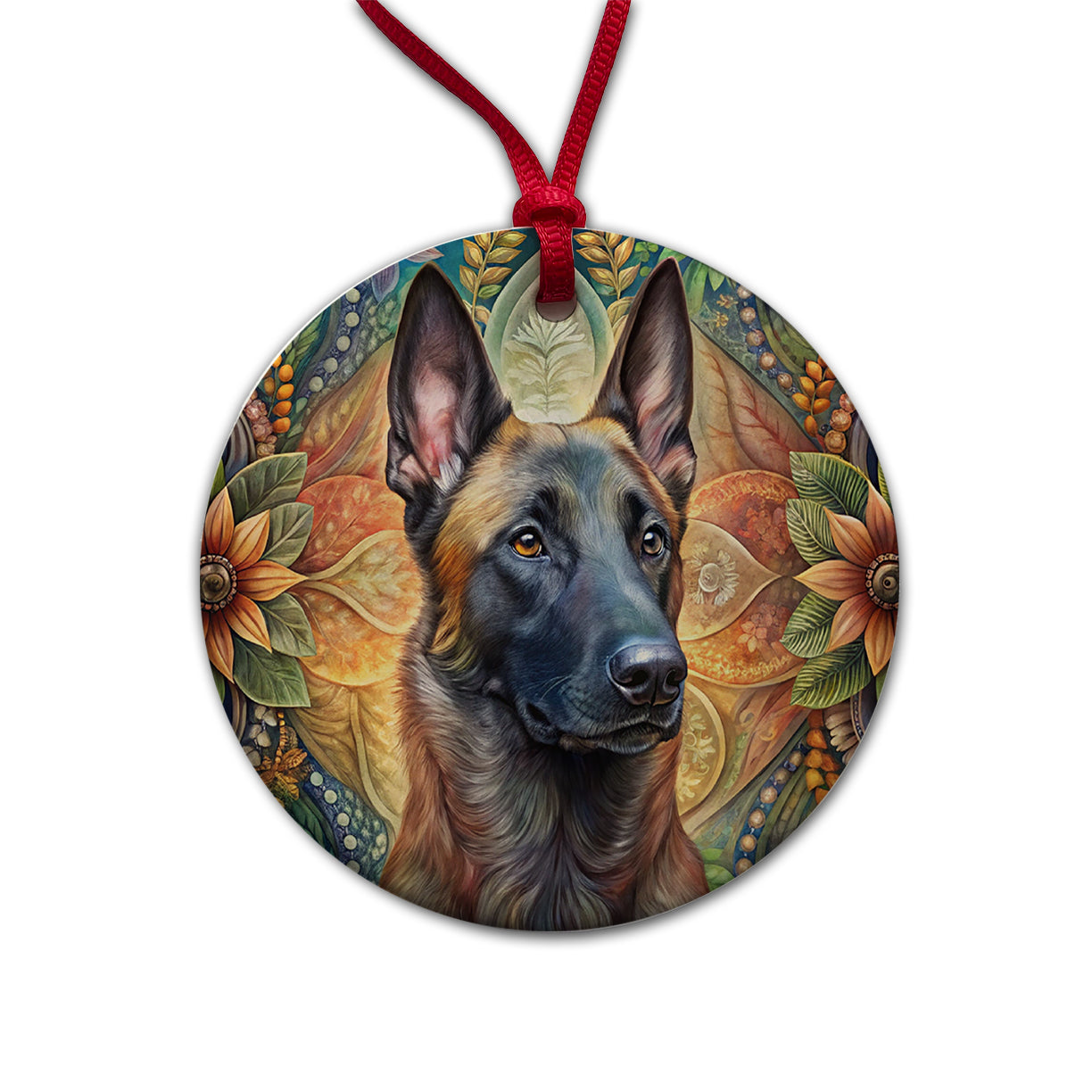 Belgian Malinois Dog Bohemian Art Round Ceramic Holiday Christmas Tree Ornament