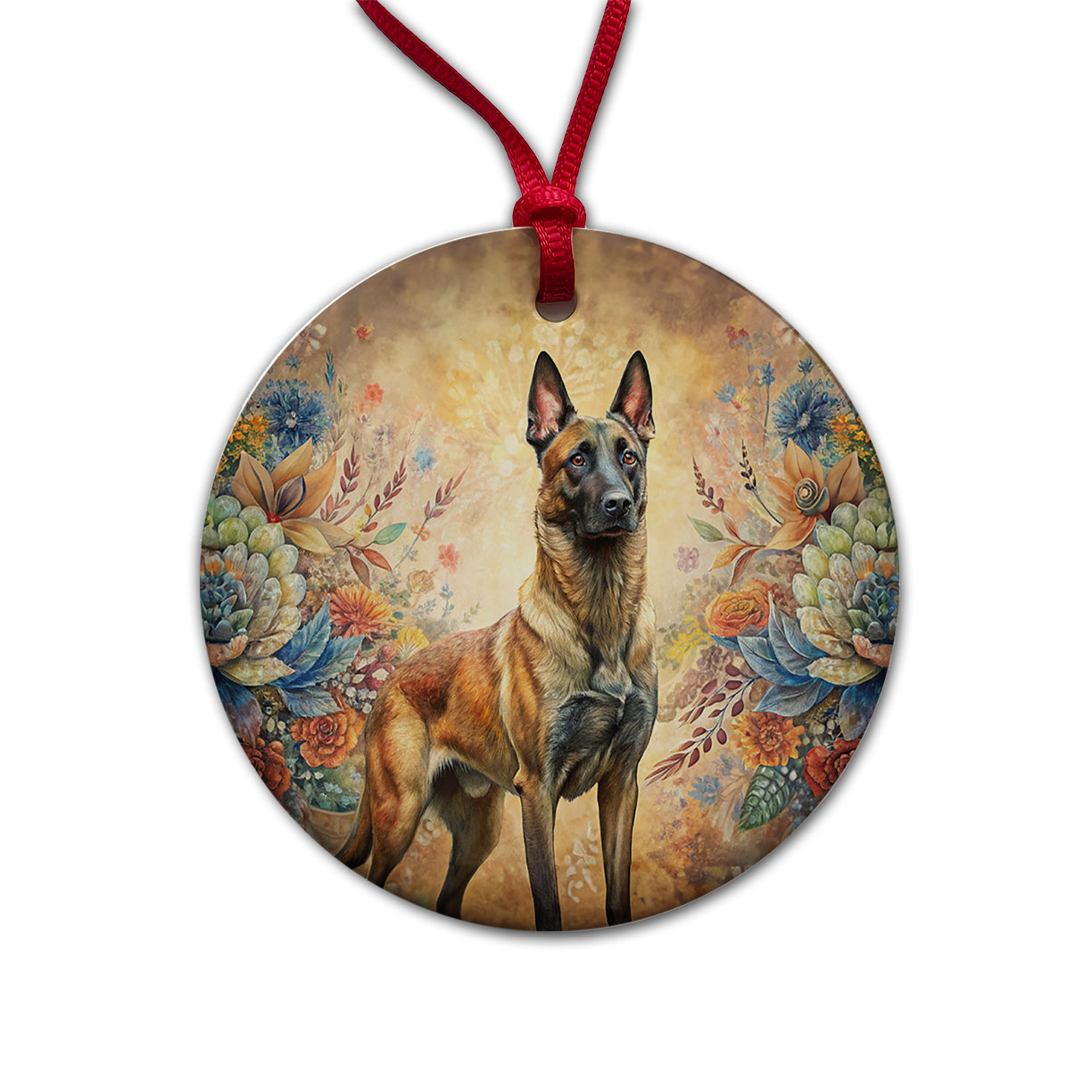 Belgian Malinois Dog French Bohemian Art Round Ceramic Holiday Christmas Tree Ornament