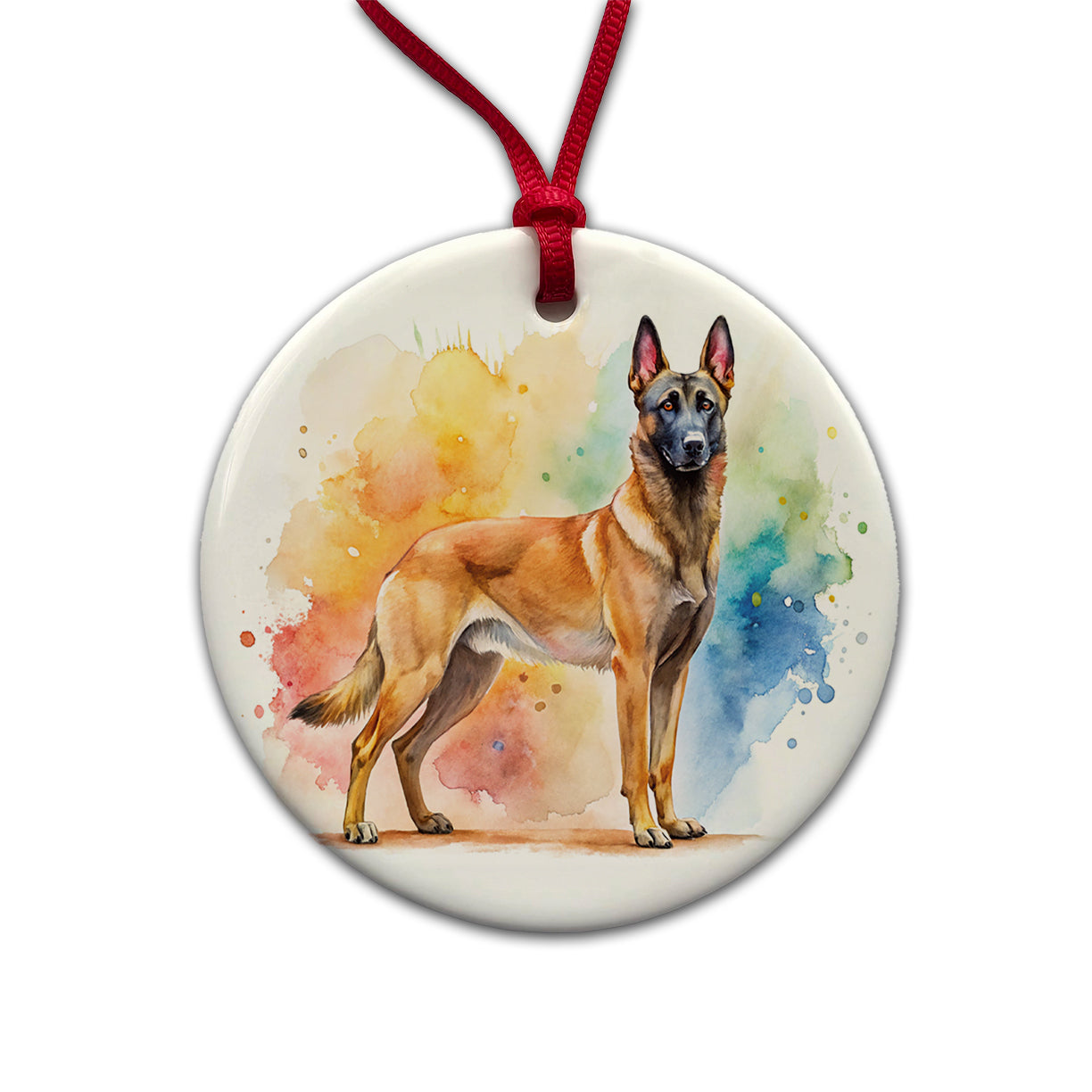Belgian Malinois Dog Watercolor Style Round Ceramic Holiday Christmas Tree Ornament