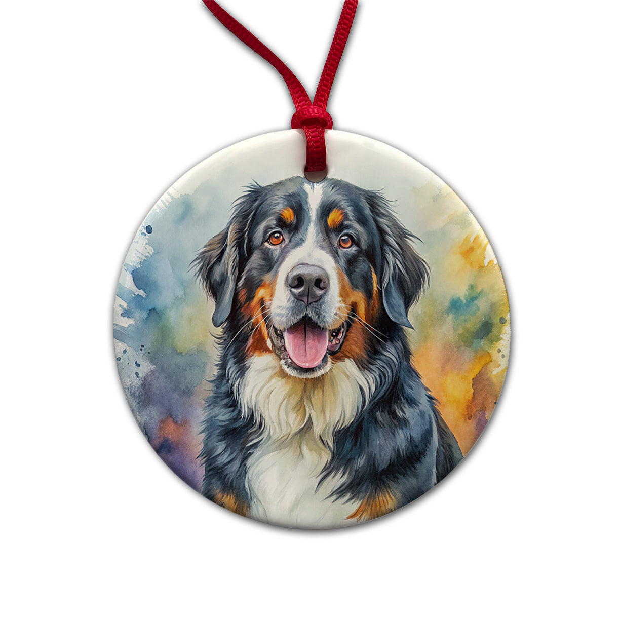 Bernese Mountain Dog Watercolor Style Round Ceramic Holiday Christmas Tree Ornament