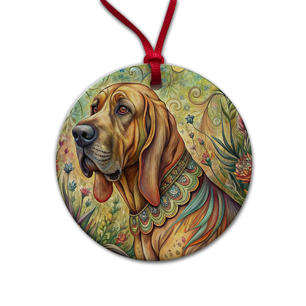 Bloodhound Dog French Bohemian Art Round Ceramic Holiday Christmas Tree Ornament