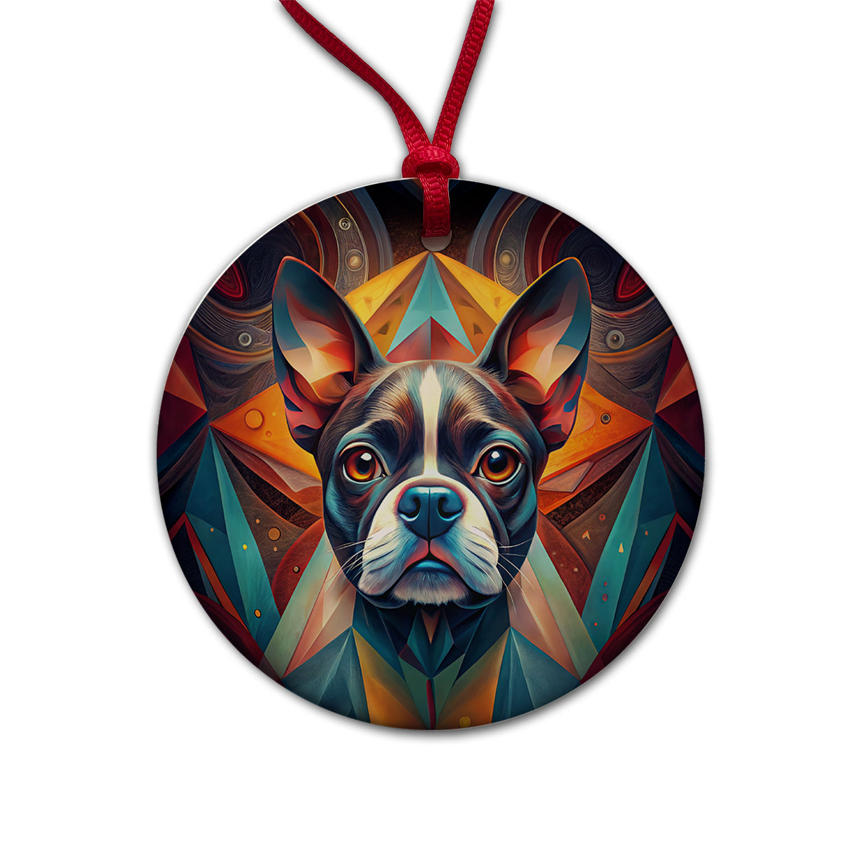 Boston Terrier Dog Abstract Stylized Art Round Ceramic Holiday Christmas Tree Ornament