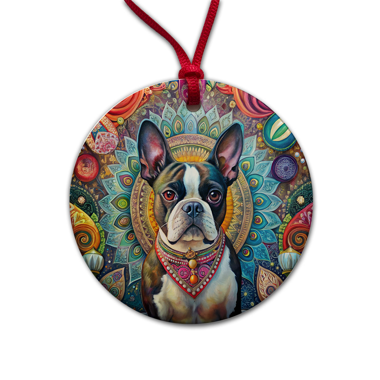 Boston Terrier Dog Bohemian Art Round Ceramic Holiday Christmas Tree Ornament