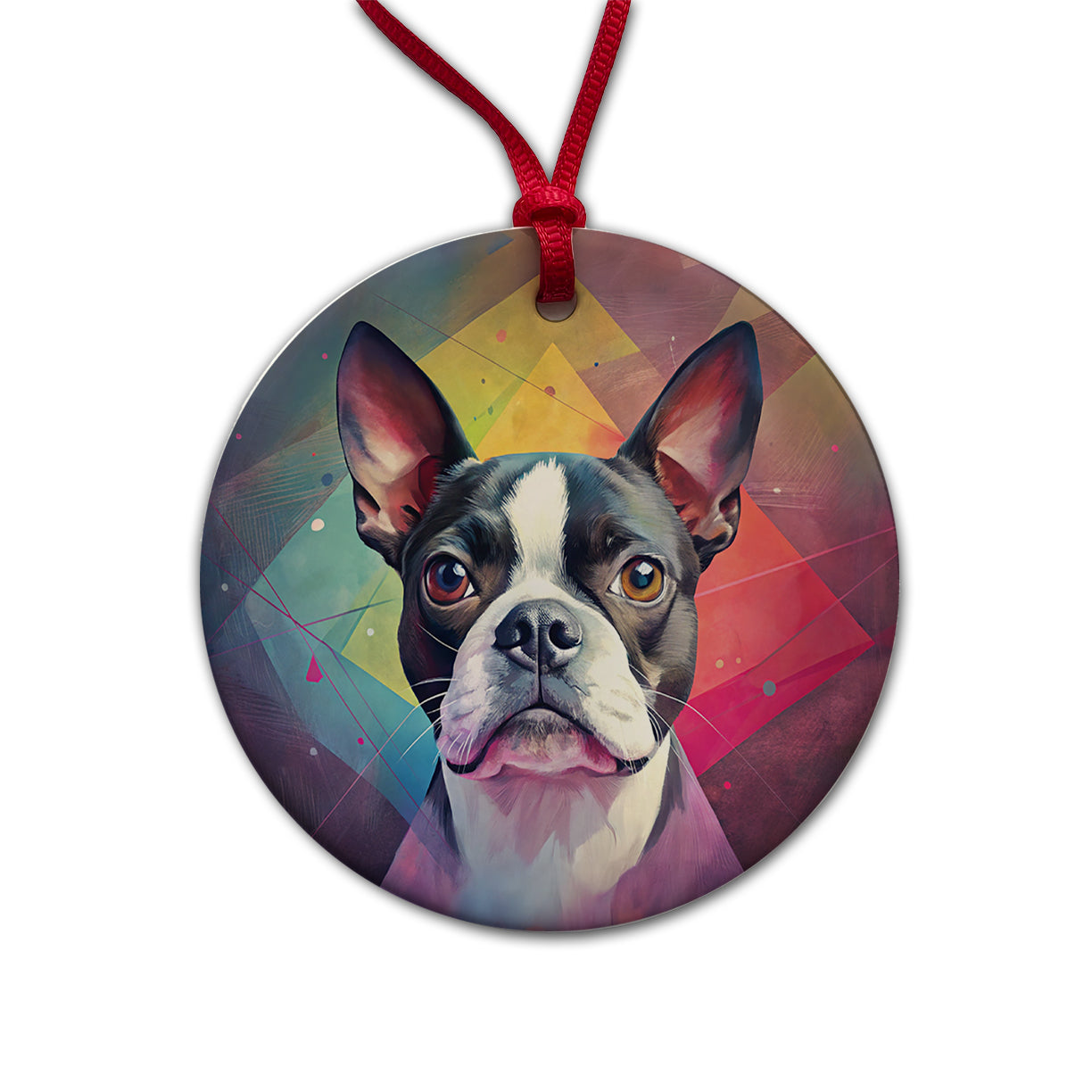 Boston Terrier Dog Contemporary Art Round Ceramic Holiday Christmas Tree Ornament