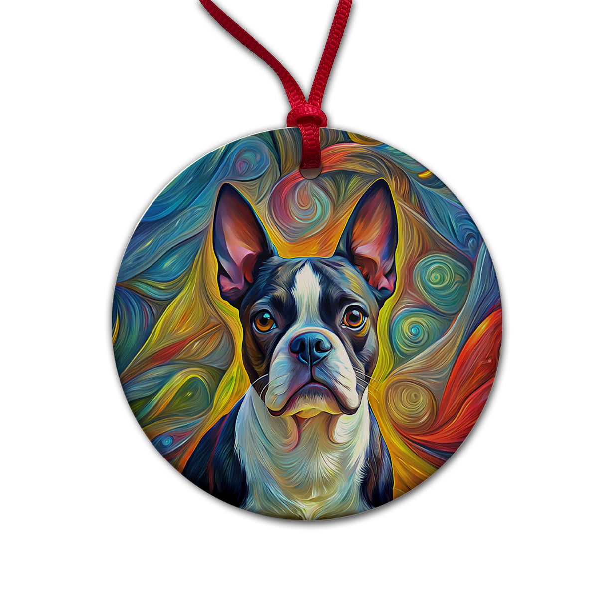 Boston Terrier Dog Expressionism Art Round Ceramic Holiday Christmas Tree Ornament