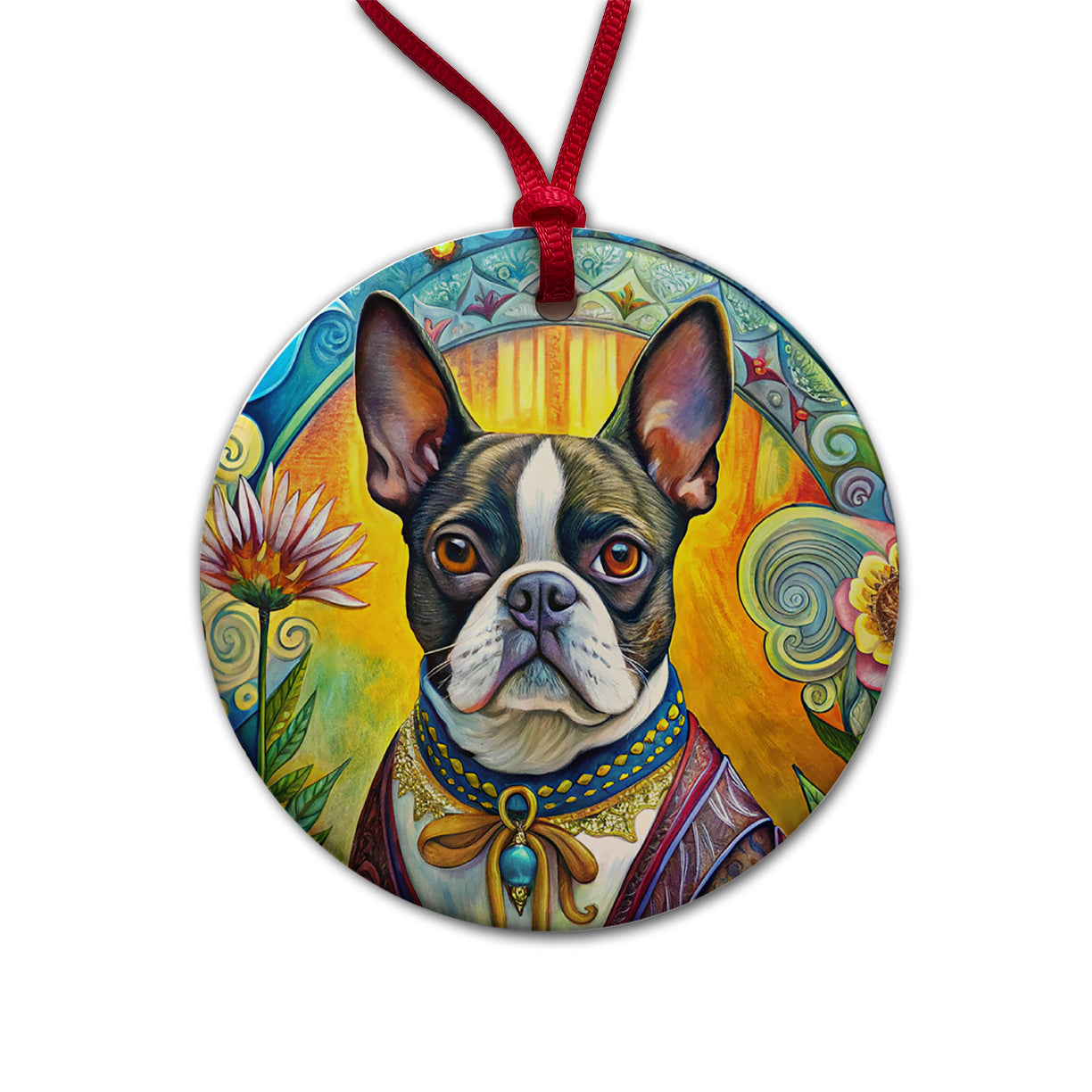 Boston Terrier Dog French Bohemian Art Round Ceramic Holiday Christmas Tree Ornament