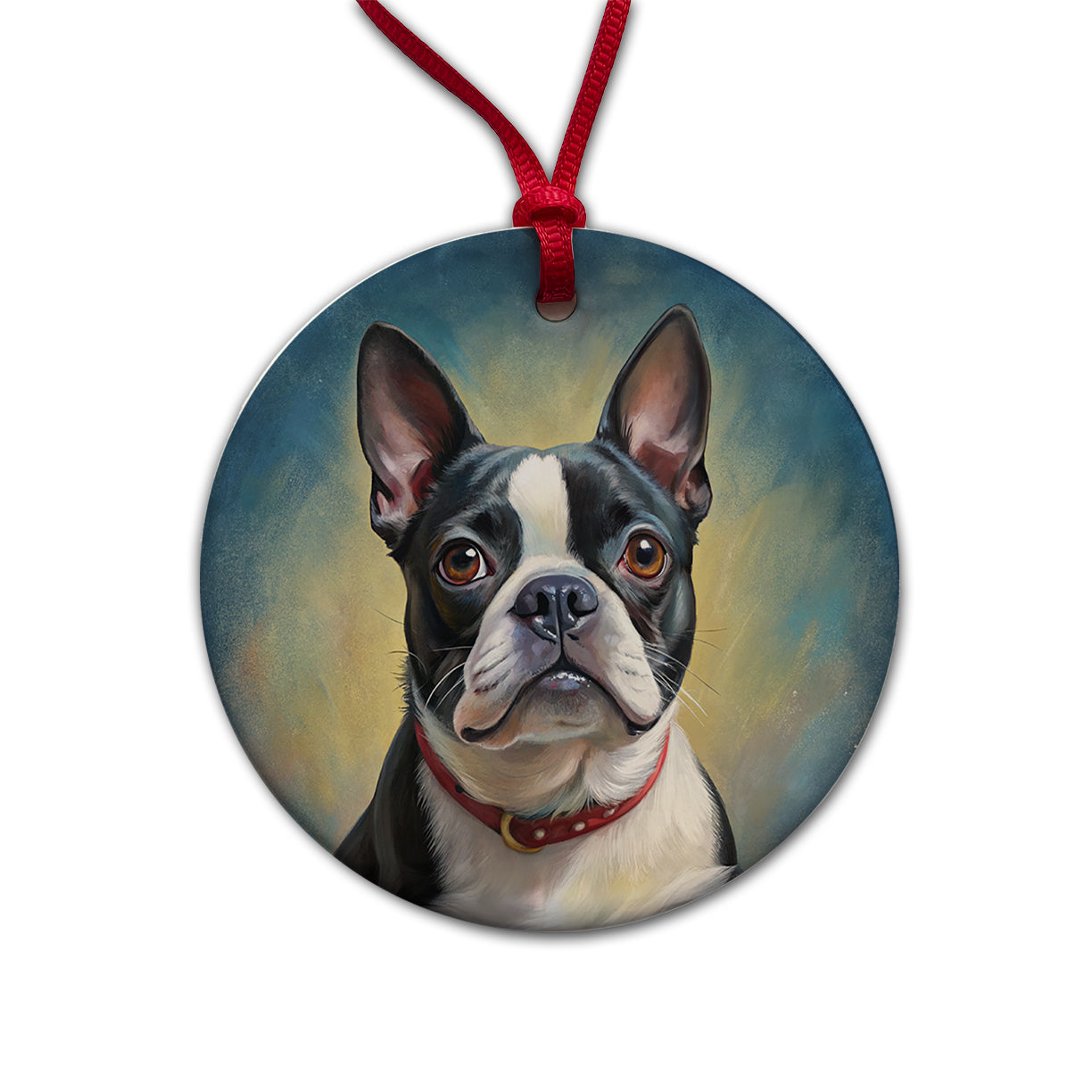 Boston Terrier Dog Illustration Round Ceramic Holiday Christmas Tree Ornament