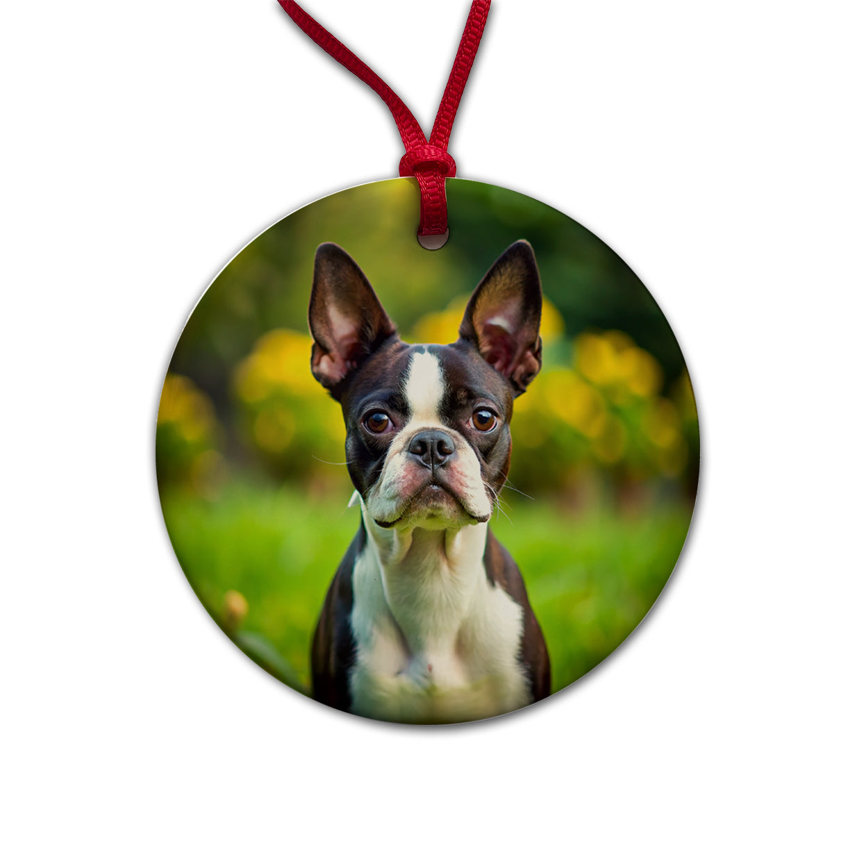 Boston Terrier Dog Photo Round Ceramic Holiday Christmas Tree Ornament
