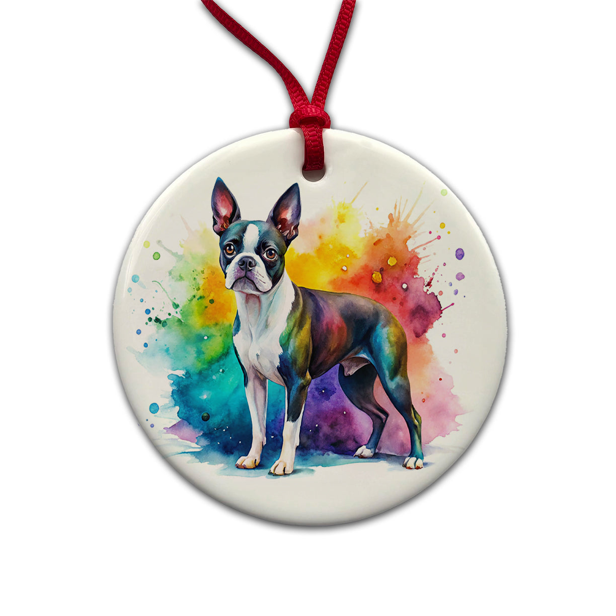 Boston Terrier Dog Watercolor Style Round Ceramic Holiday Christmas Tree Ornament