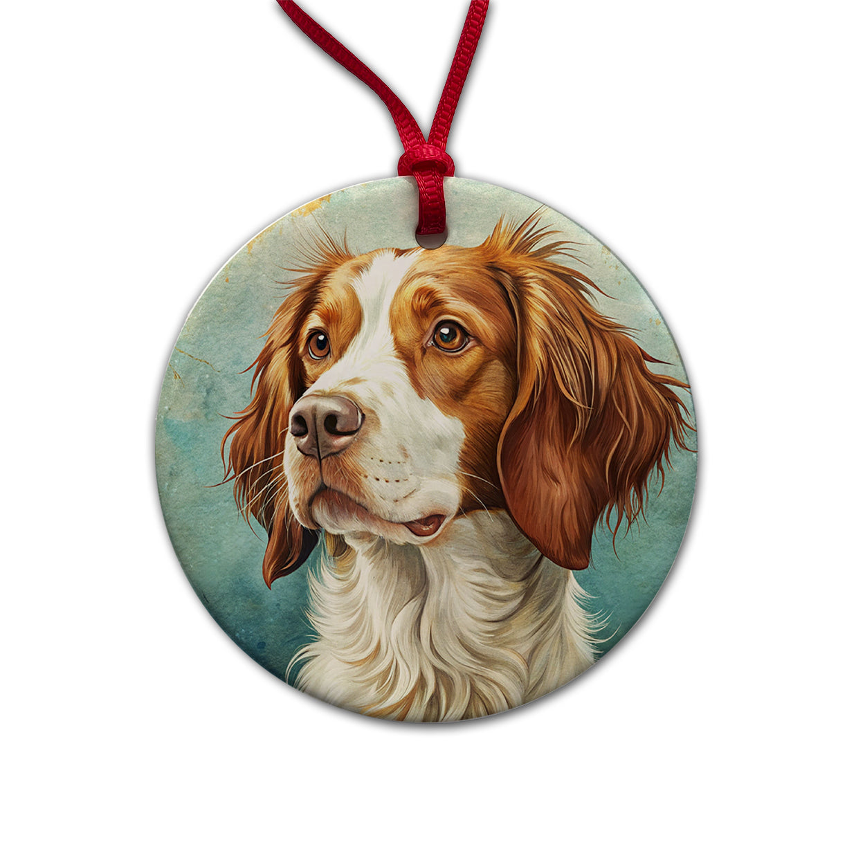 Brittany Spaniel Dog Art Nouveau Round Ceramic Holiday Christmas Tree Ornament