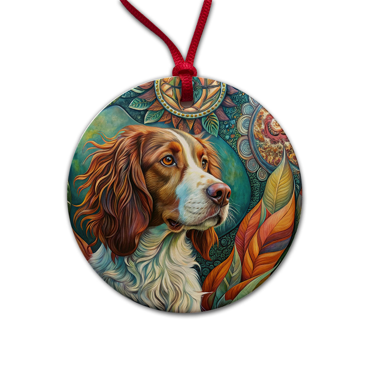 Brittany Spaniel Dog Bohemian Art Round Ceramic Holiday Christmas Tree Ornament