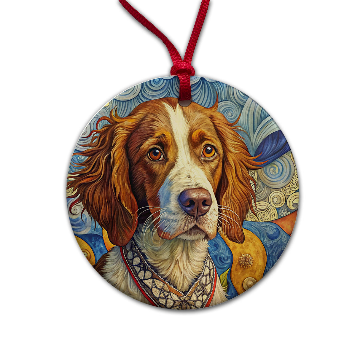 Brittany Spaniel Dog French Bohemian Art Round Ceramic Holiday Christmas Tree Ornament